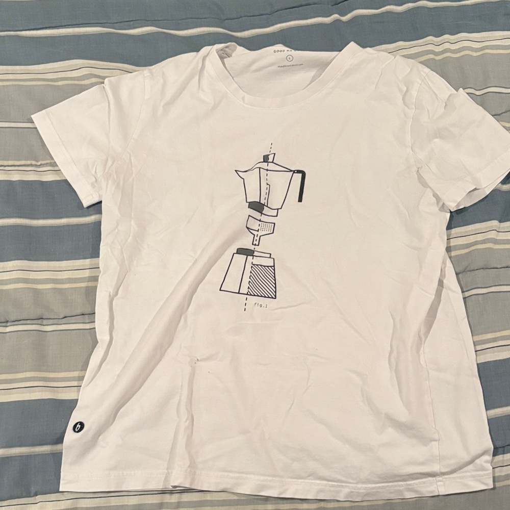 White Graphic T-Shirt with Coffee Maker Design